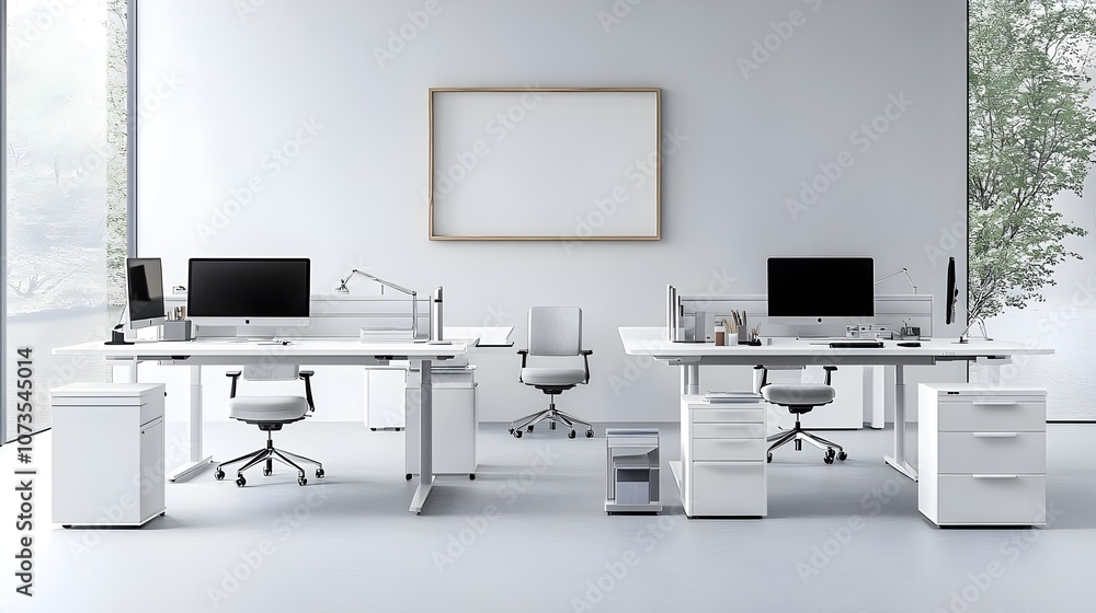 Poster bright and airy office layout featuring a clean and organized workspace with minimal furniture compu