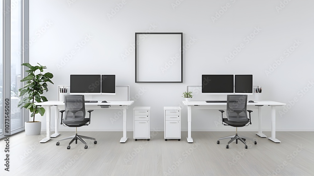 Leinwandbilder bright and minimalist office layout with blank frame on wall streamlined workspace design with moder