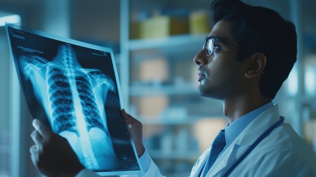 A doctor is holding a x-ray of a patient's chest
