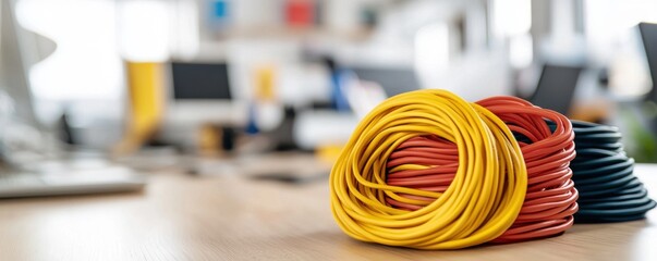 Collection of Colorful Electrical Cables in Modern Office Environment with Blurred Background of Computer Workstations and Bright Natural Lighting