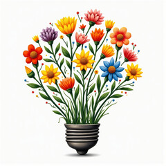 A vibrant and enchanting illustration of a blooming flower arrangement emerging from a light bulb, symbolizing creativity, nature, and the illumination of ideas in a playful and artistic composition