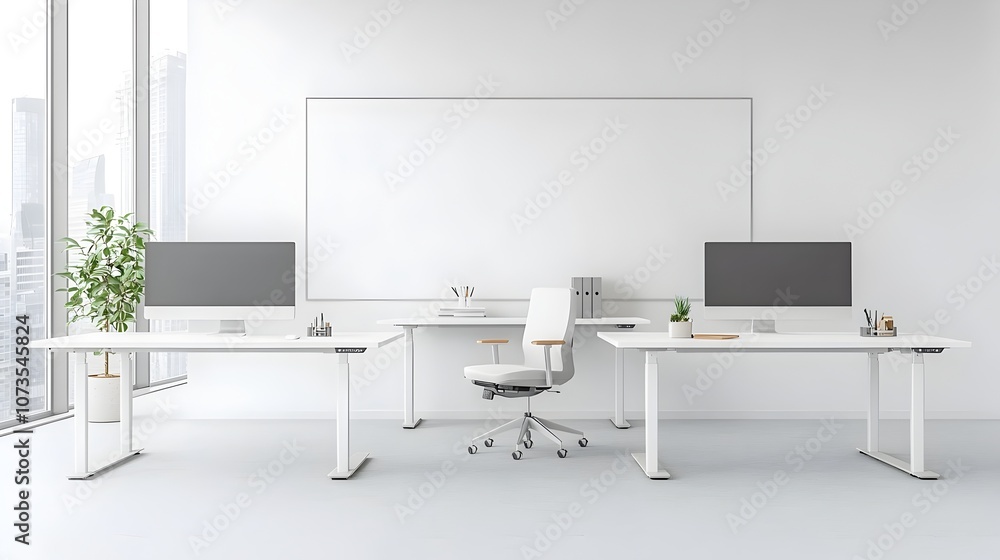 Poster sleek and minimalist contemporary white tone office interior with desks computer monitors and blank 