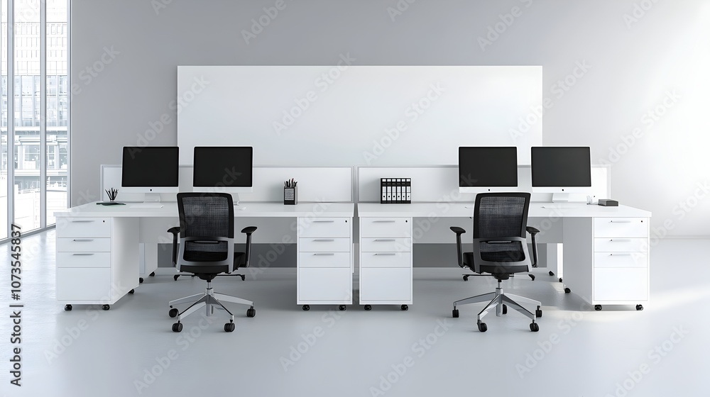 Leinwandbilder sleek and modern white toned office interior featuring desks with computer monitors providing a clea