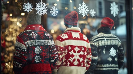 Festive Reflections: Photograph reflections of people in their jumpers in holiday-themed windows or mirrors.