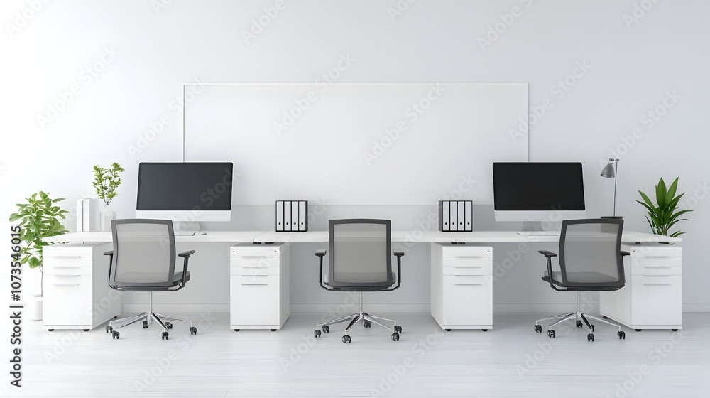 Poster minimalist 3d rendering of contemporary white office workstations with blank wall background for cle