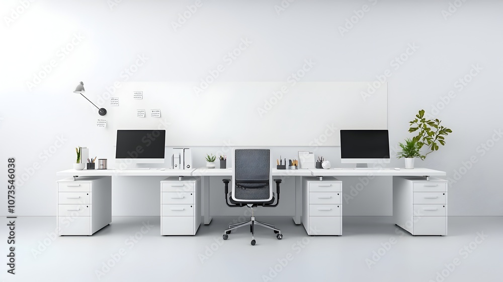 Poster 3D rendering of a modern minimalist white office space with clean desks computer monitors and a blank wall for product mockup or interior design concept  The workspace has a calm