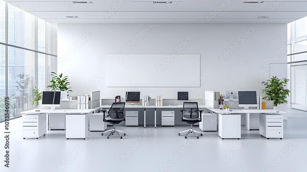 Poster spacious bright and modern office interior with clean white tone desk setups computer monitors and a