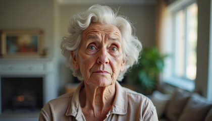 An elderly woman with Alzheimer's reflects in soft light, revealing her quiet spirit in a cozy living room at dusk