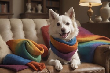 A dog on the couch in the room. A multi-colored scarf is wrapped around the dog's neck.