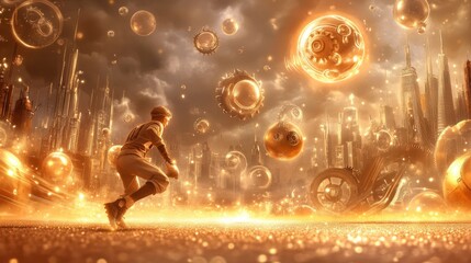 A surreal scene of a baseball player in a futuristic landscape.