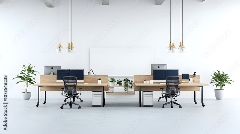 Fototapete bright and open office interior with desks computers and a blank white wall for mockups or product p