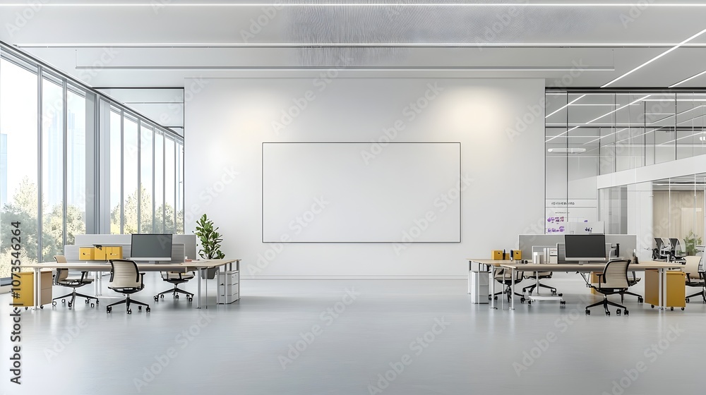 Poster Bright and Minimalist Open Office Interior with Desks Computers and Blank Wall for Mockup in a Crisp White Room with 3D Rendering