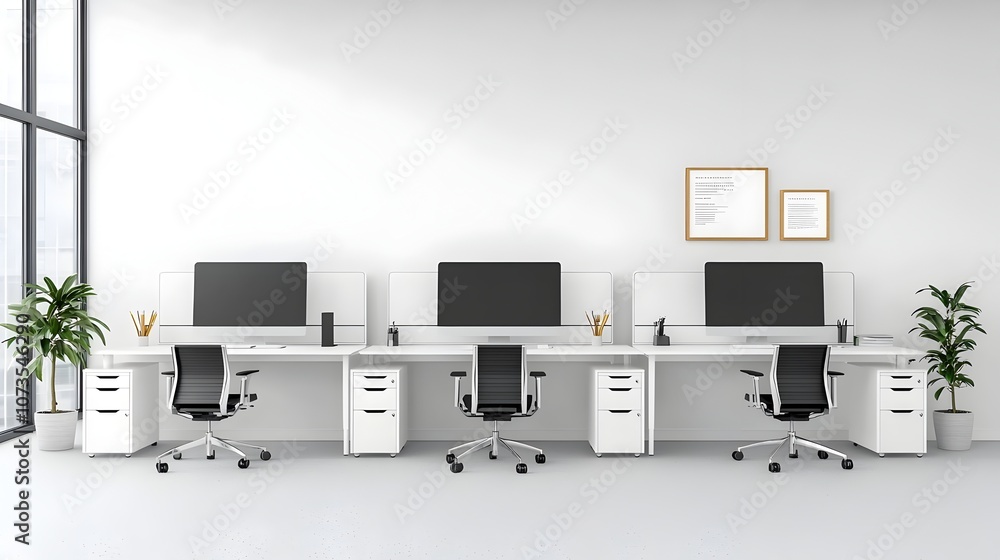 Leinwandbilder minimalist and sophisticated white tone office setup with desks computers and monitors ideal for pro
