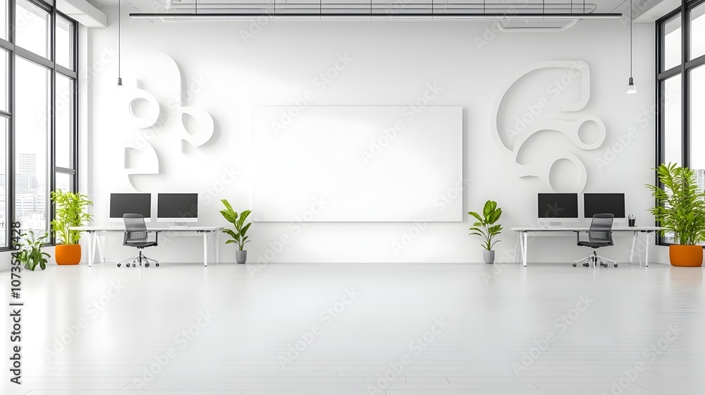 Poster bright and minimalist office interior with desks computers and blank white walls perfect workspace f