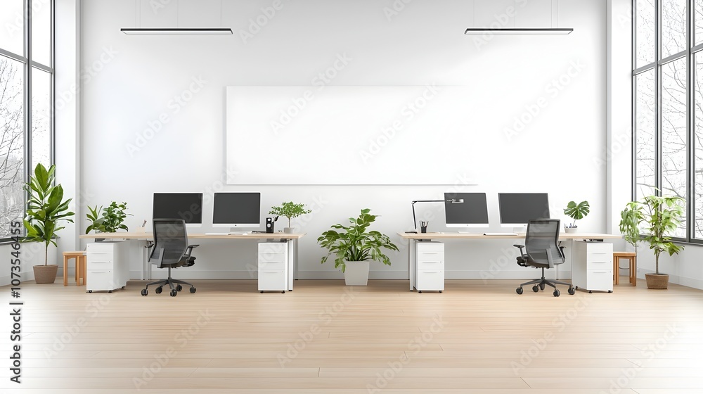 Aufkleber Spacious and modern white office interior with minimalist design featuring desks computer monitors and a blank wall perfect for product mockups or branding presentations