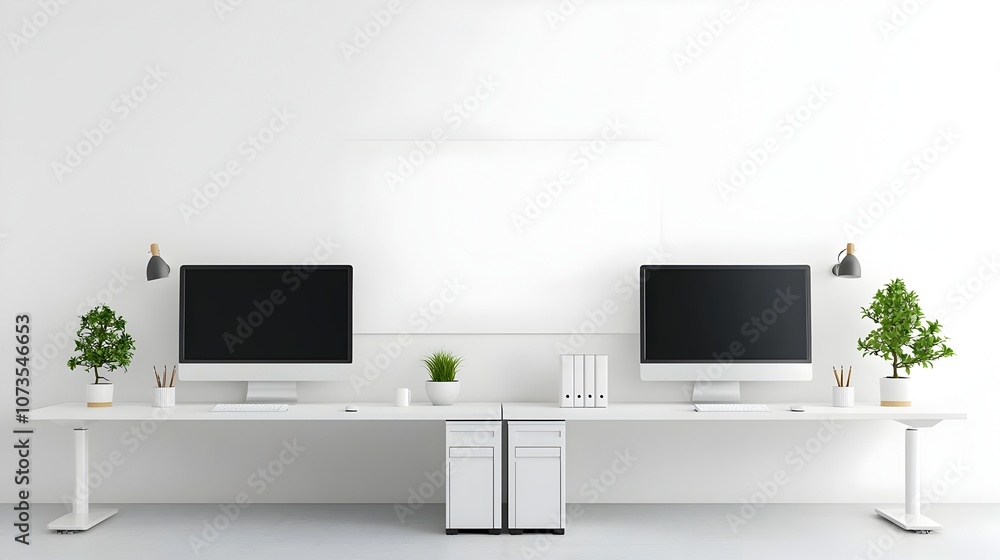 Poster minimalist modern office interior in white tones with computer monitors on desks and a blank wall mo