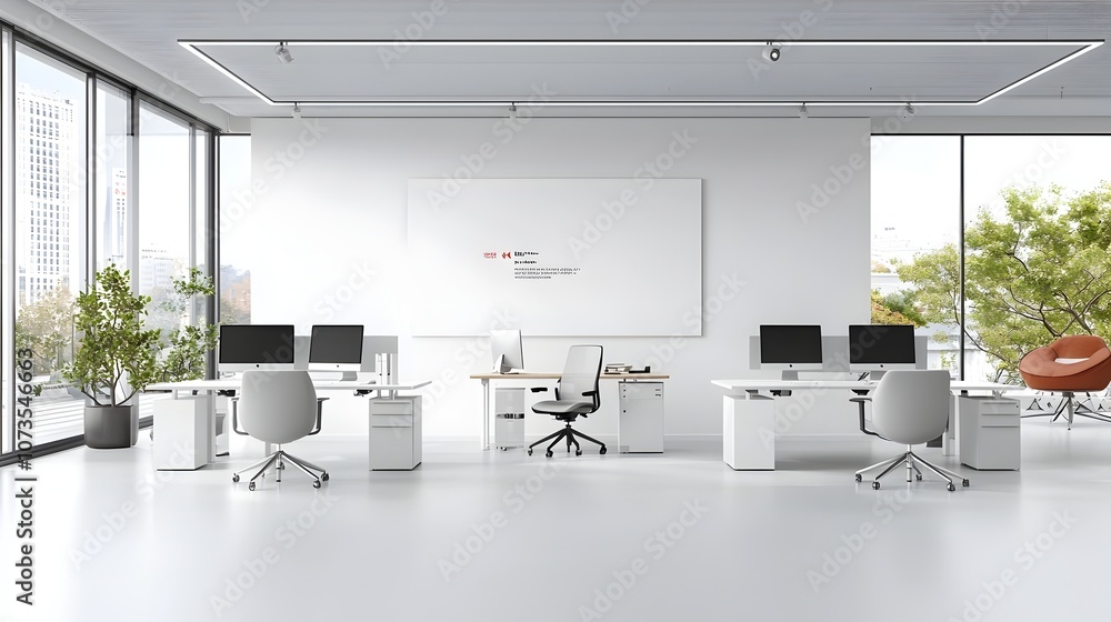 Poster minimalistic modern office workspace with white computer monitors on desks and blank wall mockup tem