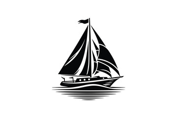 Sail boat Logo, Pirate Ship, sailing ship under the black flag, logo design template, sailboat or frigate icon. yacht. Silhouette.