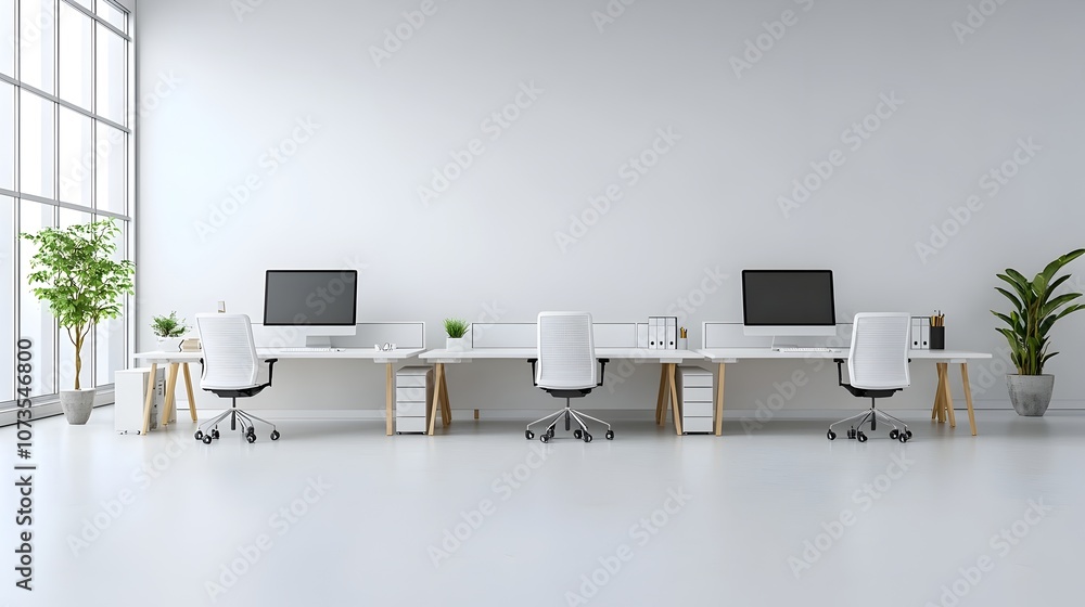 Poster bright and airy office interior featuring clean white desks computer monitors and a blank wall perfe