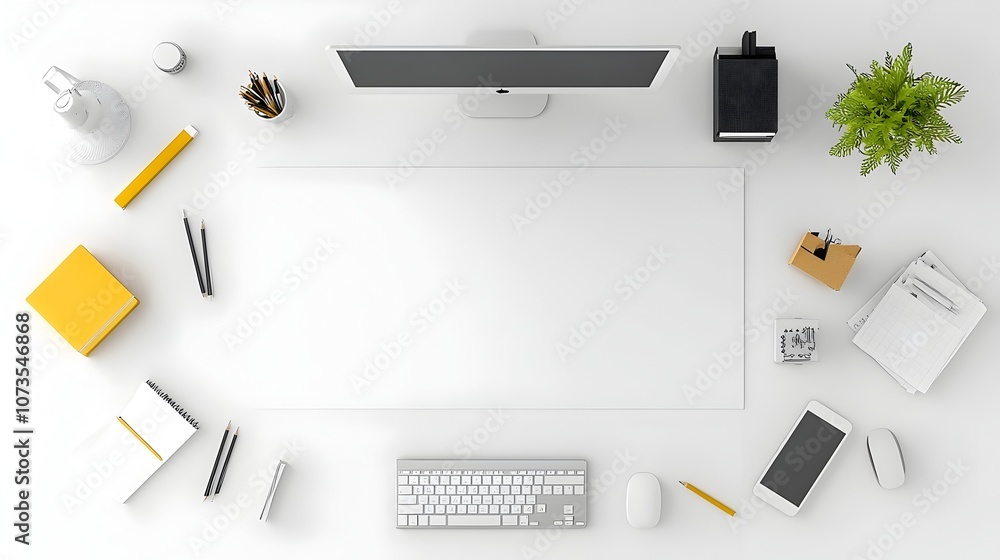 Poster minimalistic and modern white tone office design with desks computers and a blank wall mockup templa