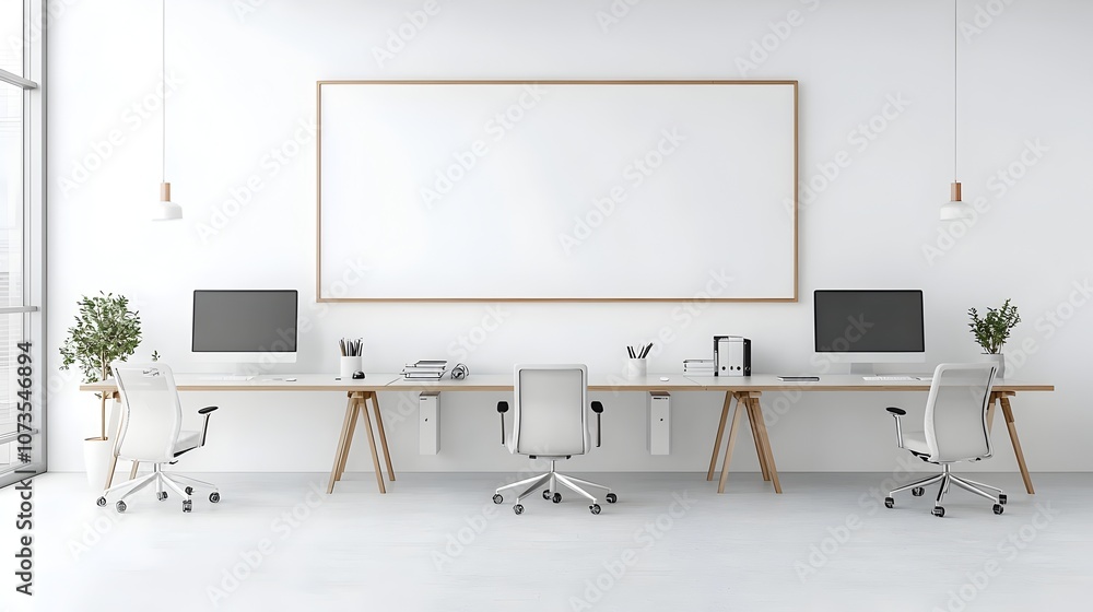 Poster sleek and modern white tone office interior design with minimalistic desks computers and blank wall 