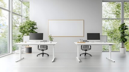 Fototapeta premium Elegant Minimalist Modern Office Interior Design with Clean White Desks Monitors and Blank Walls for Mockup Branding or Product Placement