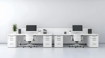 Contemporary white office setup with clean computer desks minimal furniture and equipment and a blank wall for 3D rendering and mockup purposes  Showcasing a simple elegant