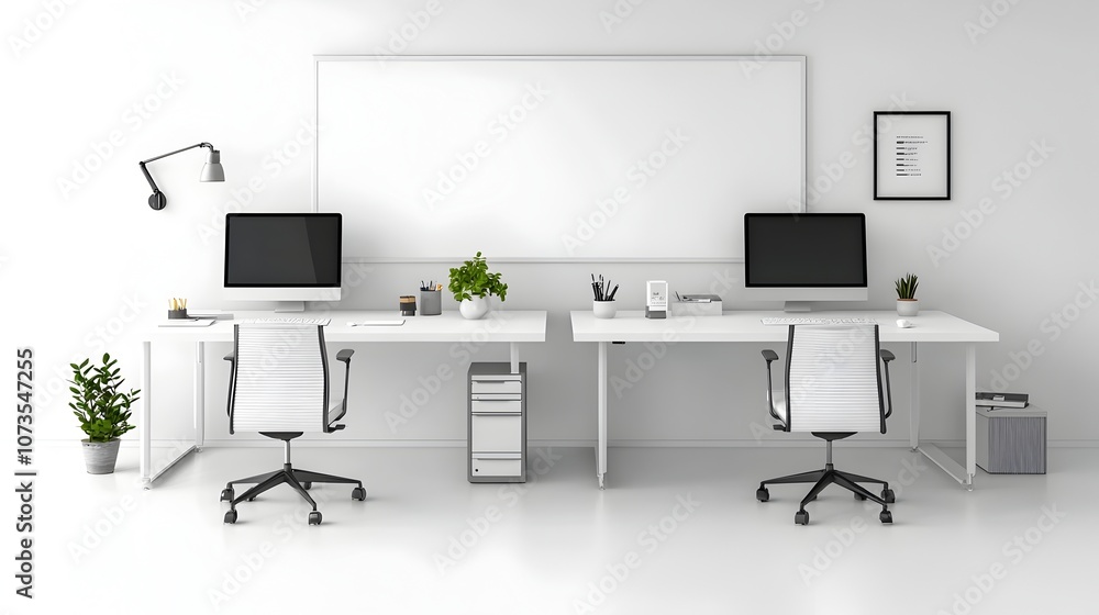 Leinwandbilder minimalist 3d rendered white desk setup with blank wall mockup for clean and open office interior de