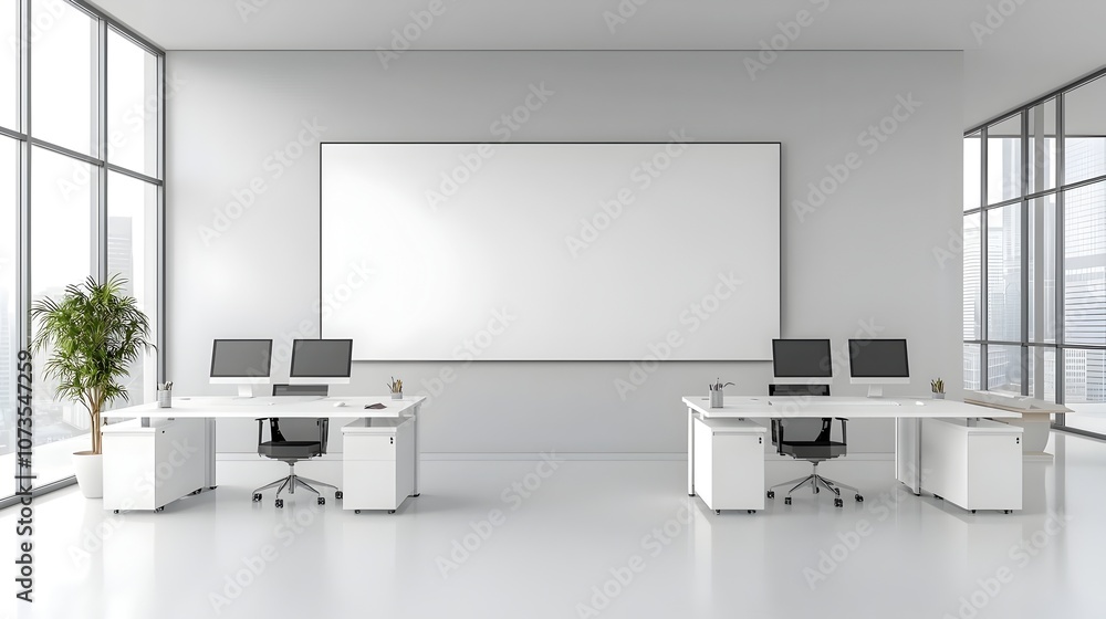 Poster A sleek and modern 3D rendered office workspace featuring minimalist white desks computer monitors and a clean open layout with a blank wall mockup  This design showcases a professional efficient