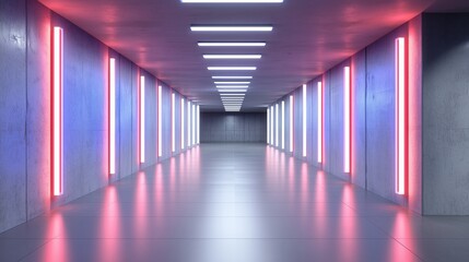 Fototapeta premium Sleek hallway with pink and blue neon lights reflecting off smooth surfaces, creating a futuristic ambiance.