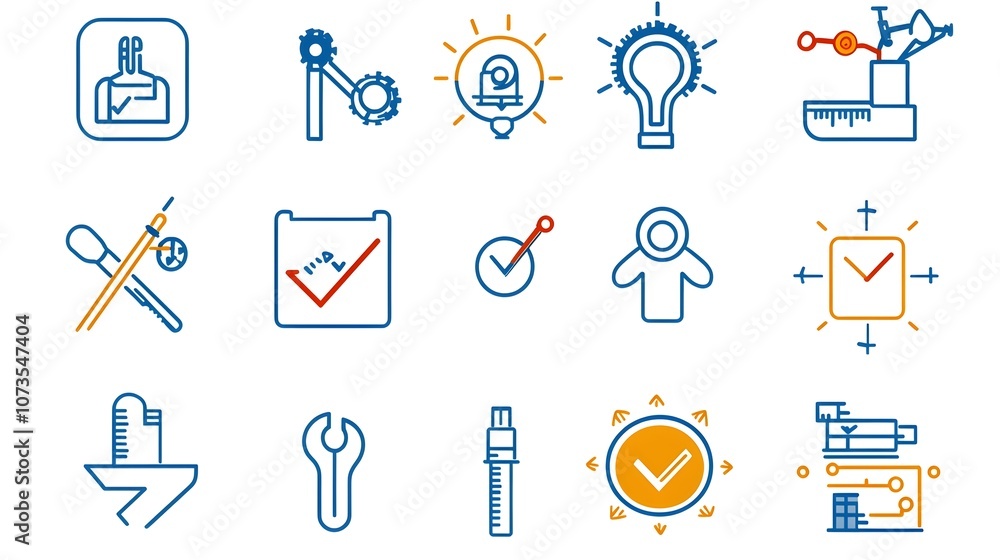 Poster clean line art style check icon set with symbols for assurance production and inspection on white ba