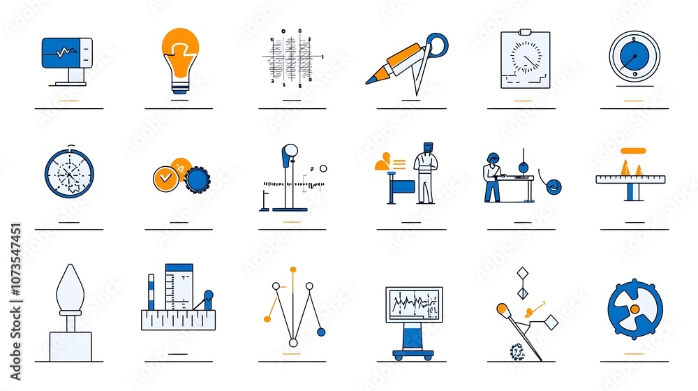 Poster Collection of control web icons in line style featuring inspection evaluation and testing processes on a white background