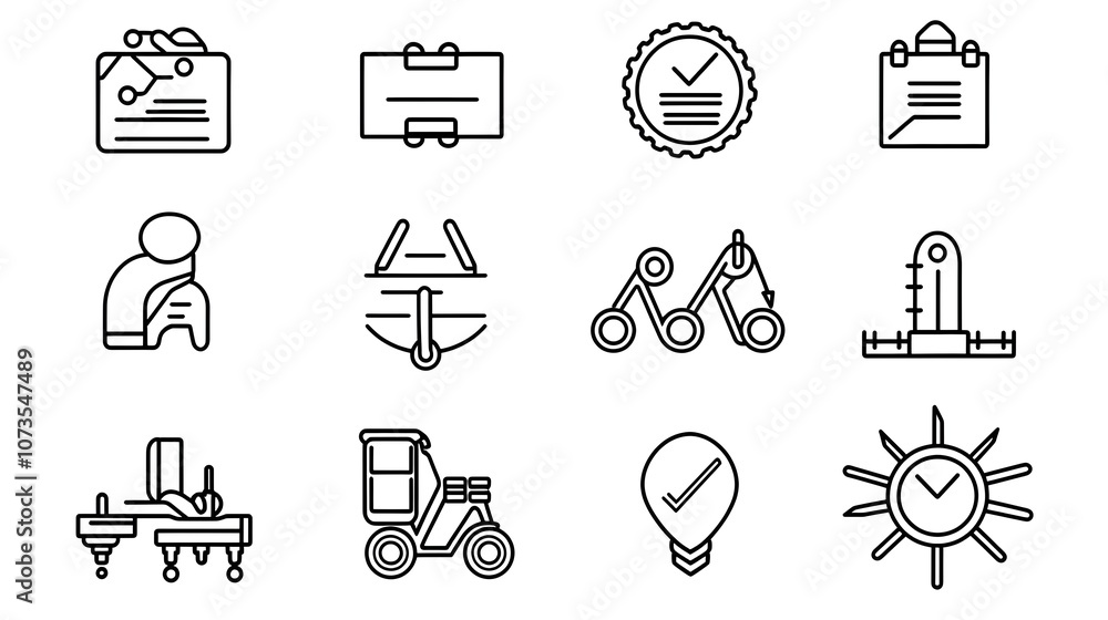 Poster Set of Minimalist Control Web Icons Designed in a Clean Line Art Style Depicting Inspection Certificate and Testing Symbols on a White Background