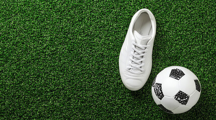 White Football Cleats and Soccer Ball on Green Grass Field
