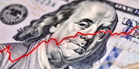 Close-up of US dollar bill with a red line graph. Financial and economic concept.