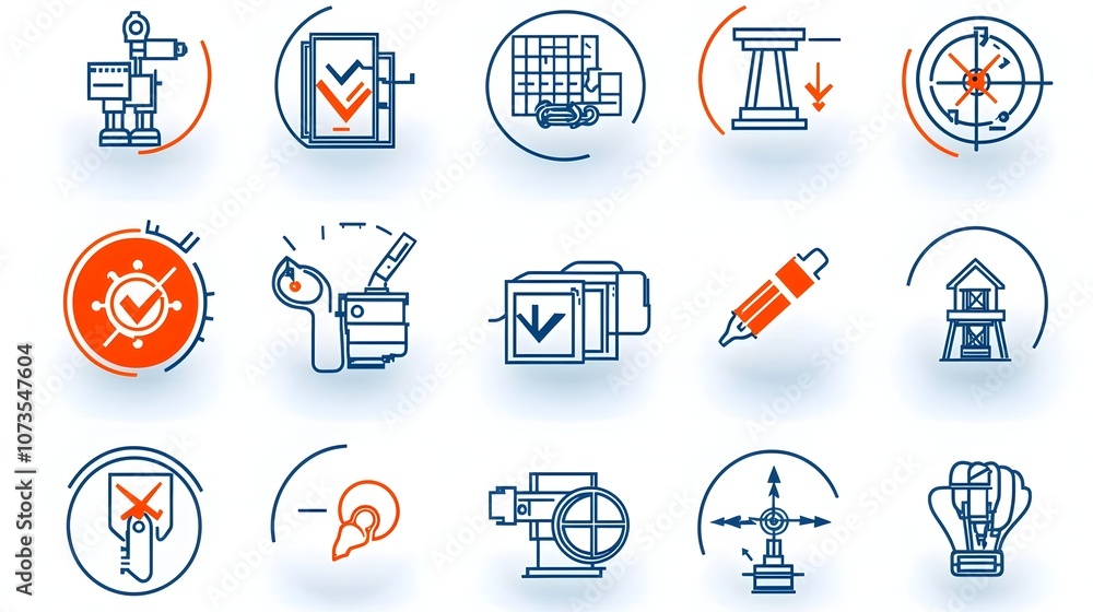 Poster Set of line icons representing control evaluation inspection and certification symbols on a clean white background  Illustrating concepts such as standard guarantee achievement