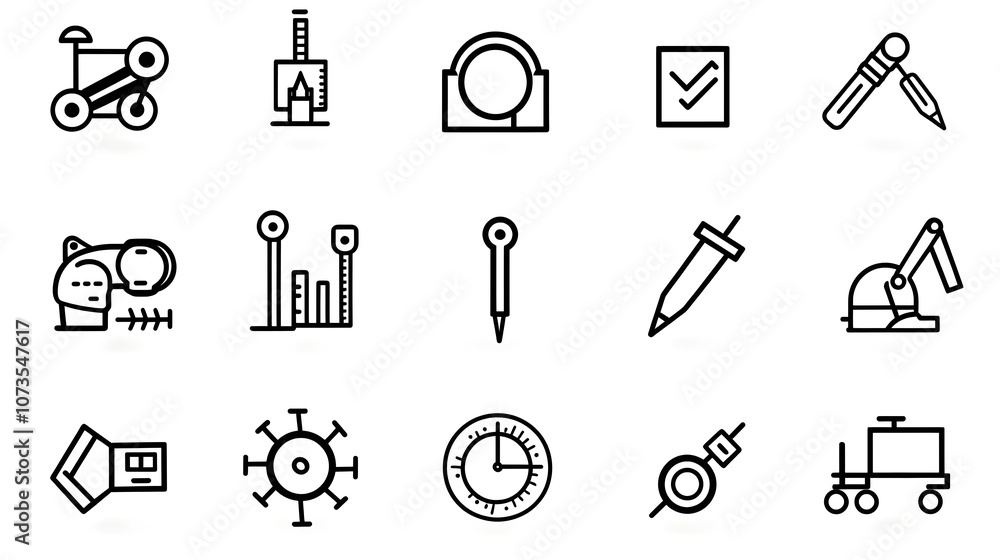 Poster A set of line icons that represent various aspects of control including evaluation inspection and certification symbols  These icons are designed against a clean white background
