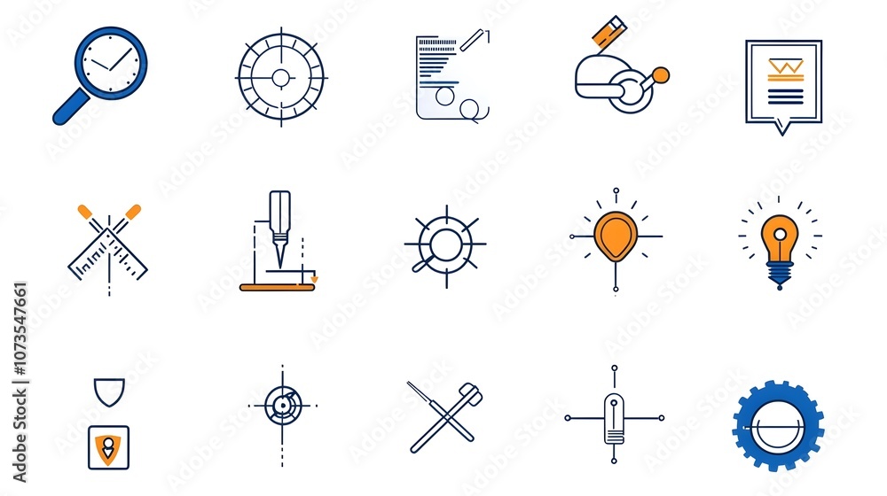 Poster Comprehensive set of line icons representing control processes including evaluation inspection and certification symbols on a clean white background  Ideal for manufacturing industry business