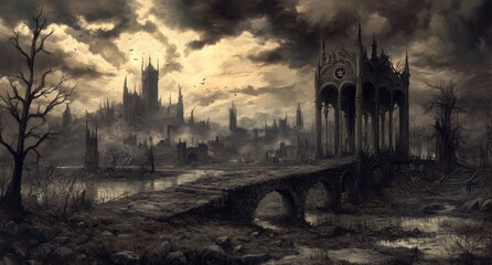 Dark, ominous fantasy landscape with gothic architecture and moody sky, symbolizing mystery
