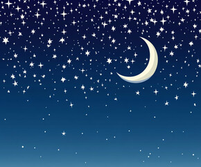Naklejka premium A blue background with a white crescent and many stars. The stars are scattered and hanging all over the background 