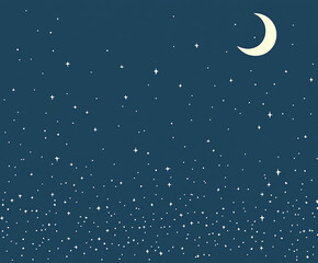 Naklejka premium A blue background with a white crescent and many stars. The stars are scattered and hanging all over the background 