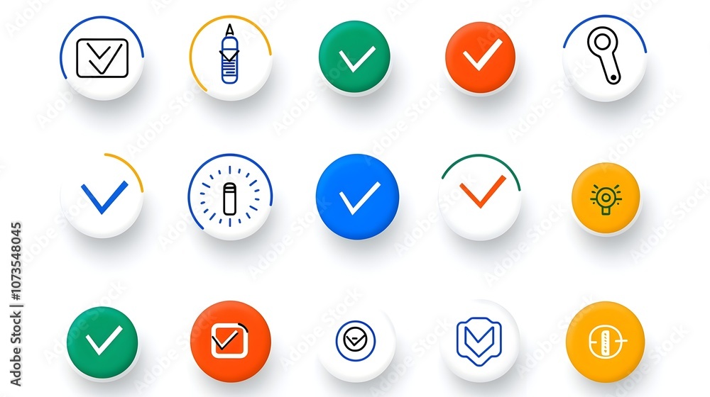 Poster icons in a clean line style designed for use in applications and web interfaces  These icons feature various symbols and graphics related to inspection testing certification and compliance processes