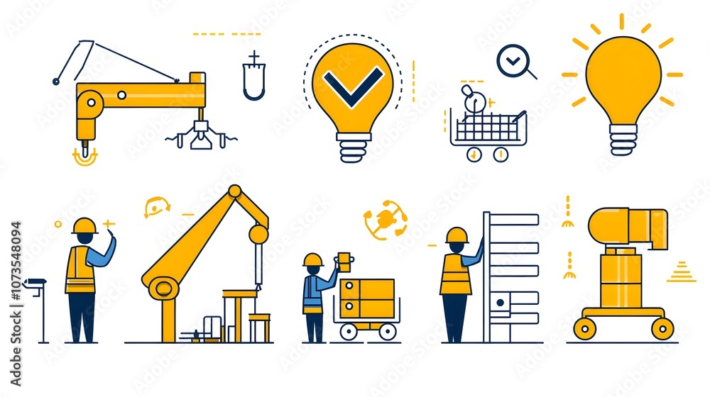 Poster Line art assurance icon set with a collection of inspection evaluation and production symbols for web applications and software user interfaces on a clean white background