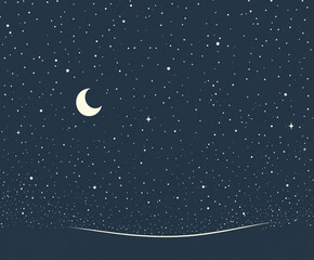 Naklejka premium A blue background with a white crescent and many stars. The stars are scattered and hanging all over the background 