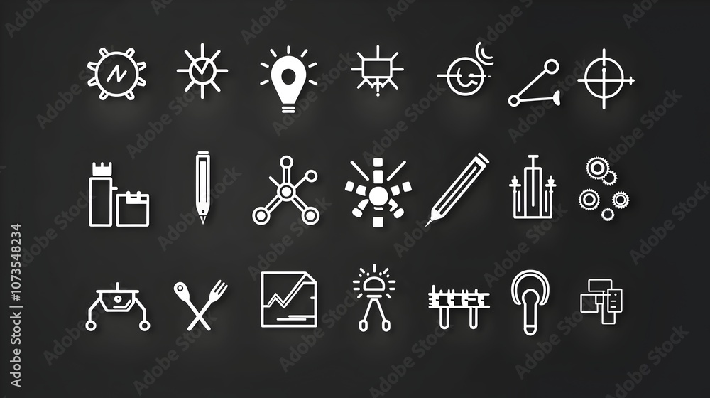 Poster Collection of minimalist line art control icons featuring symbols for testing certification inspection validation and approval processes  Designed for web and mobile applications with a clean
