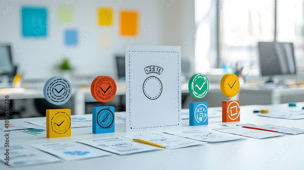 Poster Collection of assurance icons in line style for web design featuring symbols for inspection testing and certification on a white background