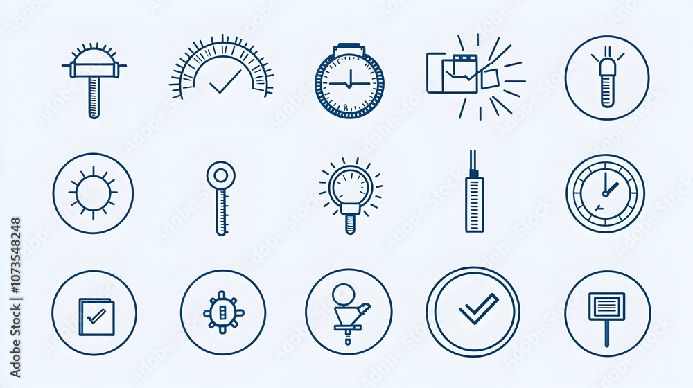 Poster Set of clean line art style control icons for web and mobile applications featuring testing certification approval and assurance symbols on a white background
