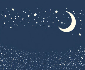 Fototapeta premium A blue background with a white crescent and many stars. The stars are scattered and hanging all over the background 