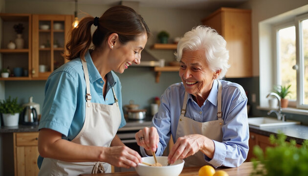 Heartwarming moments in the kitchen as a caregiver helps a woman with Alzheimer's prepare a meal in a sunny home