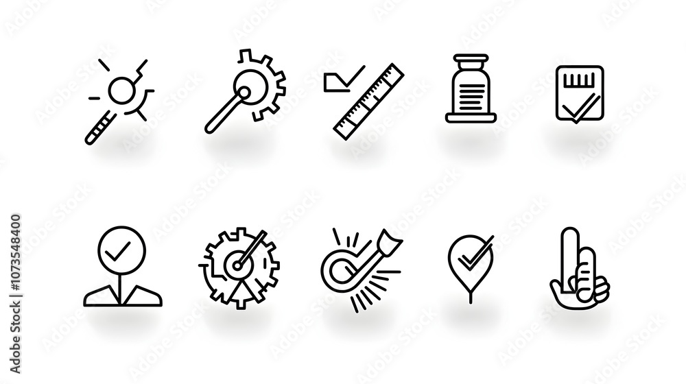 Poster Set of minimalist line art icons symbolizing various aspects of control testing and inspection processes  The icons feature a clean simple design style suitable for use in web interfaces